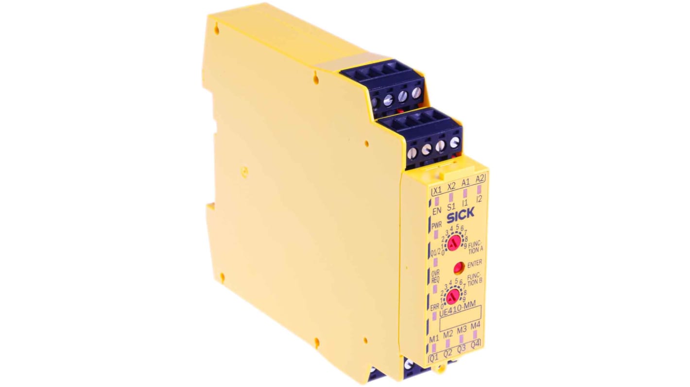 Controller di sicurezza Sick UE410-MM3, dimensioni 96.5 x 120.8 x 22.5 mm, tensione 30 V c.c., corrente max 2 A.
