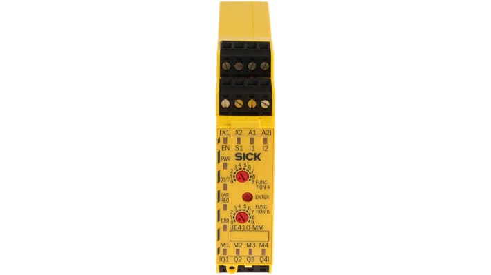 Controller di sicurezza Sick UE410-MM3, dimensioni 96.5 x 120.8 x 22.5 mm, tensione 30 V c.c., corrente max 2 A.