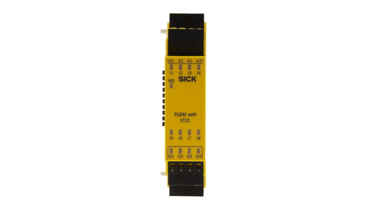 Modulo I/O Sick FX3-XTIO84002 per Flexi Soft, 24 V c.c., 8 ingressi e 4 uscite di sicurezza, montaggio su guida DIN, dimensioni 96,5 x 22,5 x 120,8 mm.