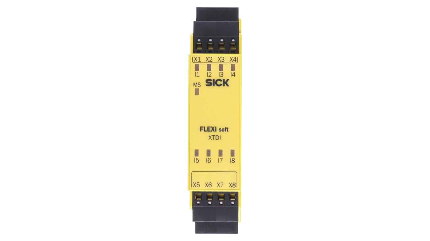 Modulo di ingresso Sick FX3-XTDI80002, 8 ingressi, montaggio su guida DIN, dimensioni 96,5 x 22,5 x 120,8 mm.