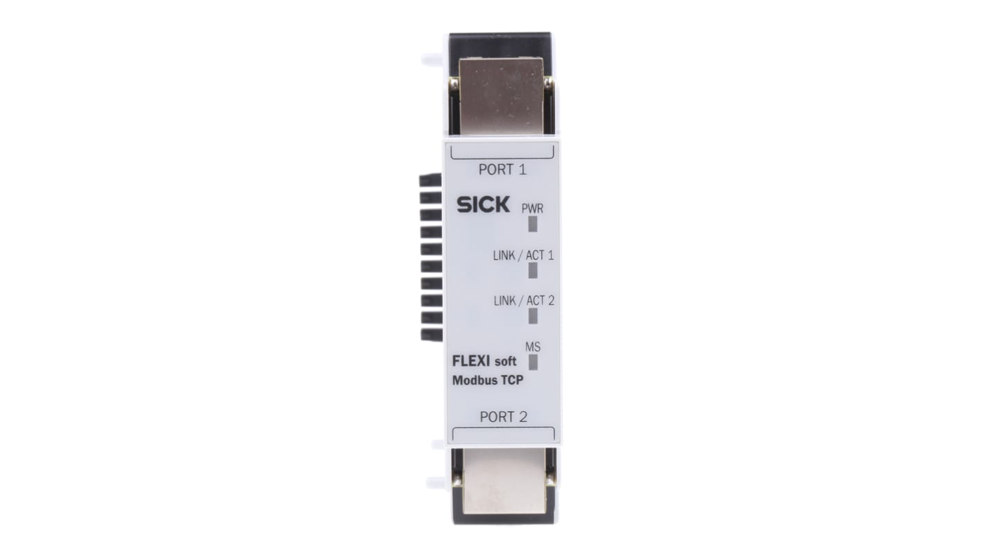Gateway Flexi Soft Sick FX0-GMOD00000, Modbus TCP, montaggio su guida DIN, dimensioni 96,5 x 22,5 x 120,8 mm.