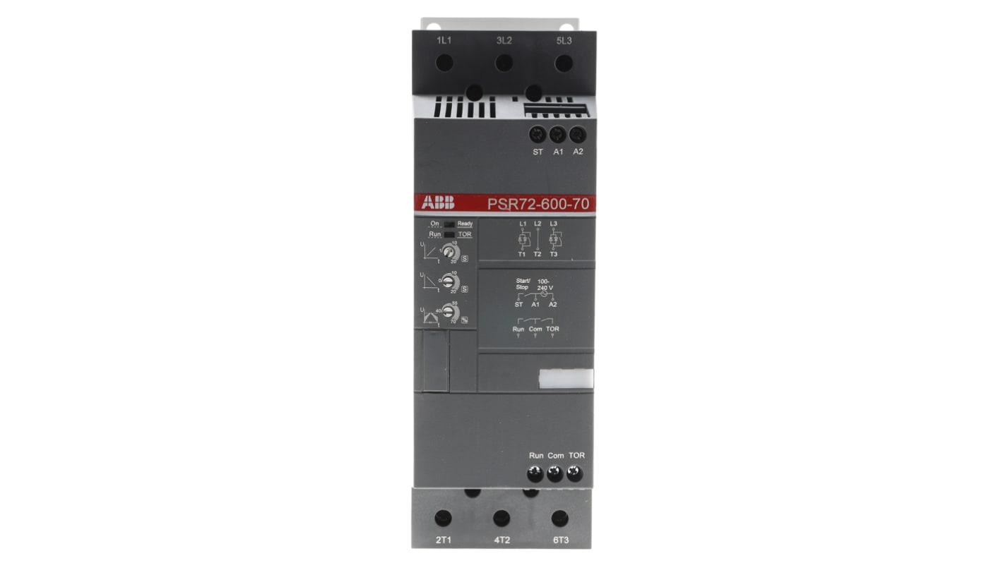 Avviatore soft-start ABB 1SFA896113R7000, 3 fasi, 37 kW, 600 V, dimensioni 180x70x220 mm, grado di protezione IP20.