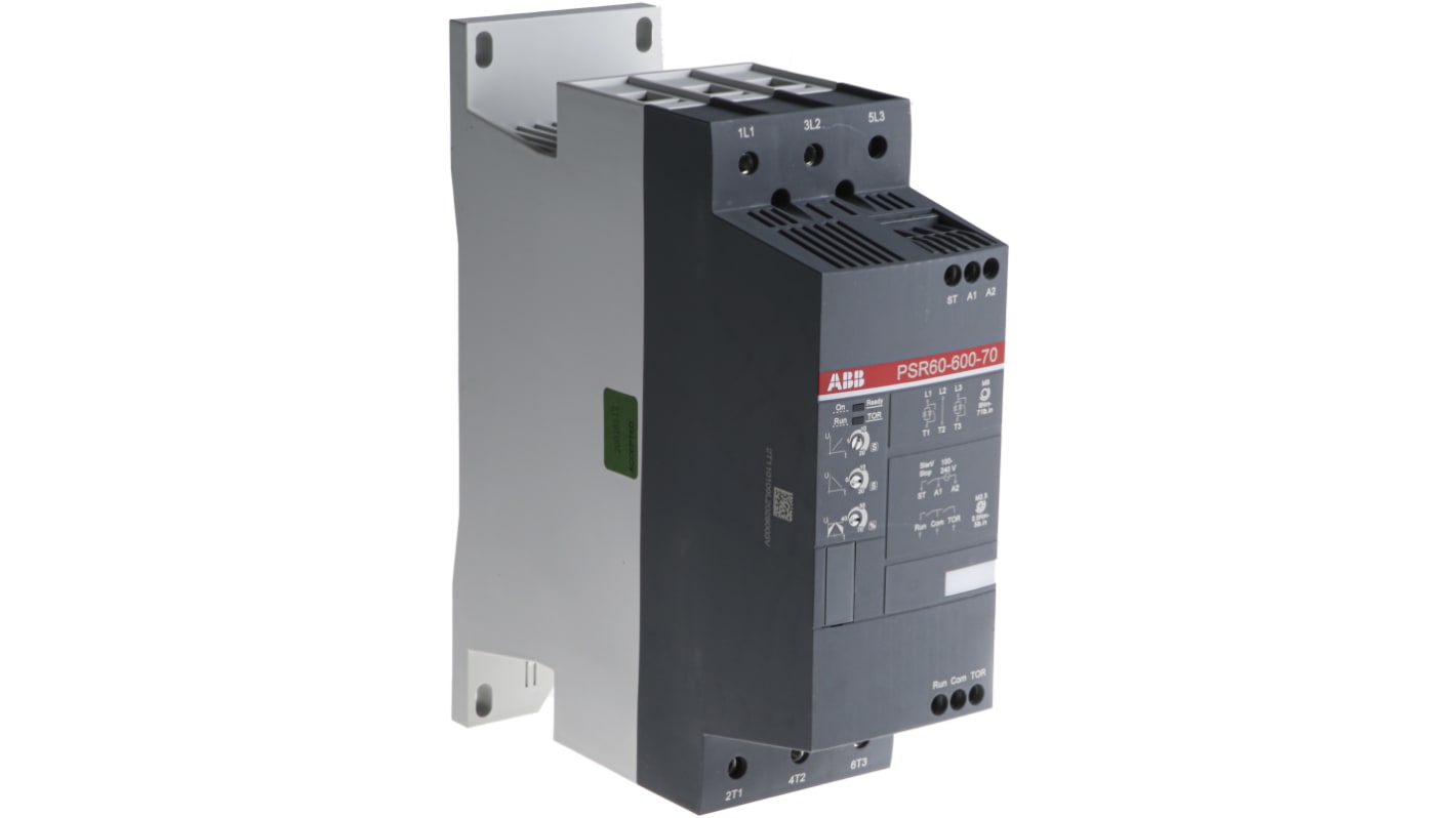 ABB 1SFA896112R7000, avviatore soft-start 3 fasi, 30 kW, 600 V, montaggio su guida DIN, dimensioni 220x180x70 mm.