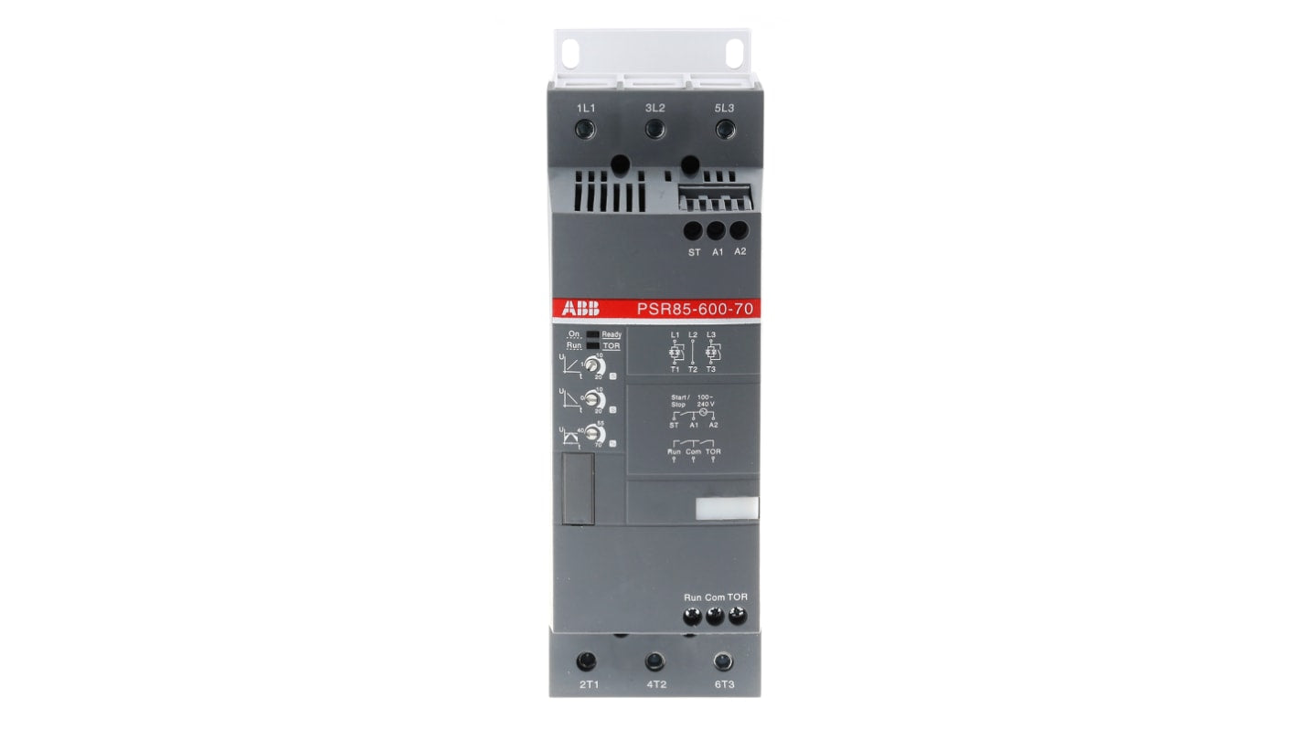 ABB 1SFA896114R7000, avviatore soft-start manuale trifase, potenza 45 kW, corrente 85 A, dimensioni 220 x 180 x 70 mm.