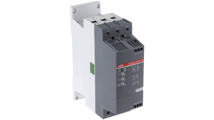 ABB 1SFA896114R7000, avviatore soft-start manuale trifase, potenza 45 kW, corrente 85 A, dimensioni 220 x 180 x 70 mm.