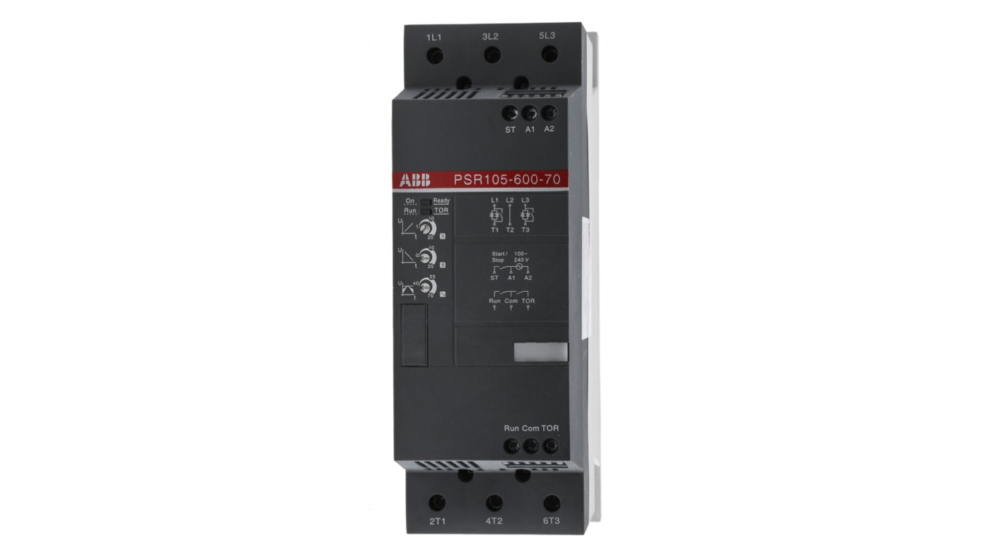 ABB 1SFA896115R7000, avviatore soft-start manuale 3 fasi, potenza 55 kW, corrente 105 A, montaggio su guida DIN, dimensioni 180x70x220 mm.