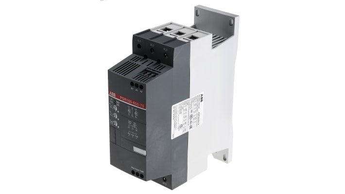 ABB 1SFA896115R7000, avviatore soft-start manuale 3 fasi, potenza 55 kW, corrente 105 A, montaggio su guida DIN, dimensioni 180x70x220 mm.