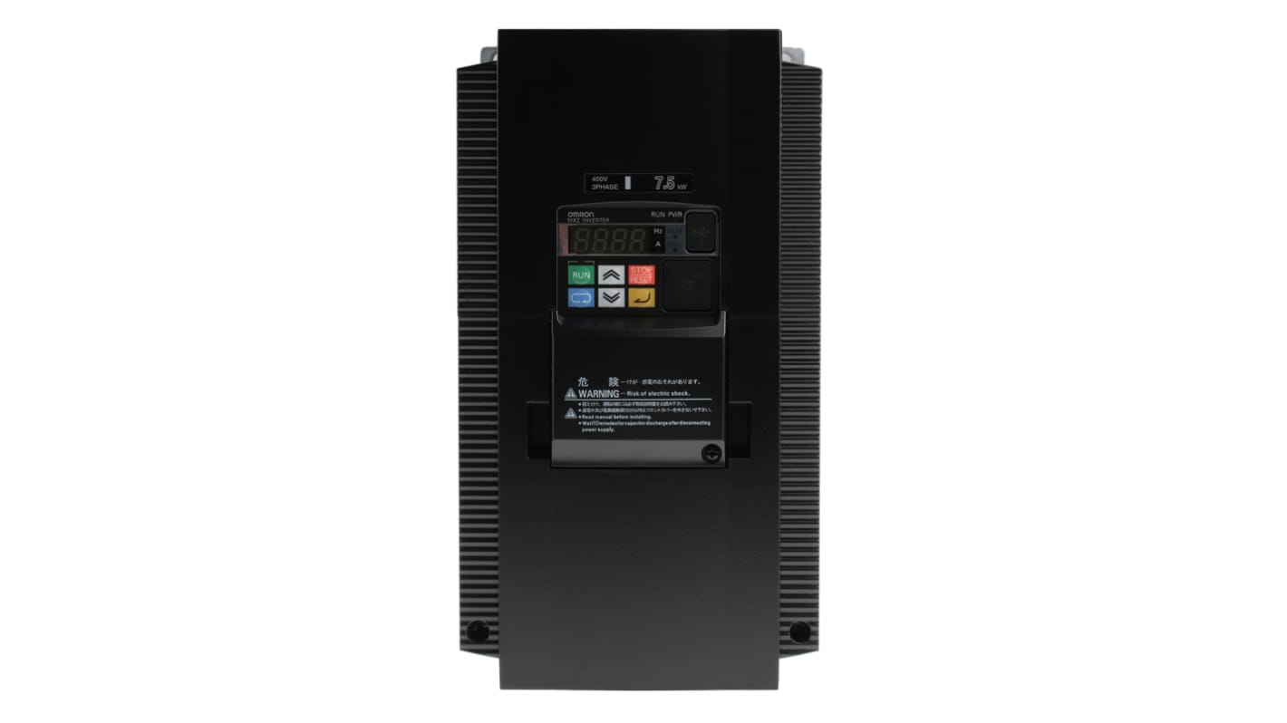 Inverter trifase Omron 3G3MX2A4075ECHN, potenza 7,5 kW, 400 V, 18 A, con pannello di controllo e comunicazione Profibus.
