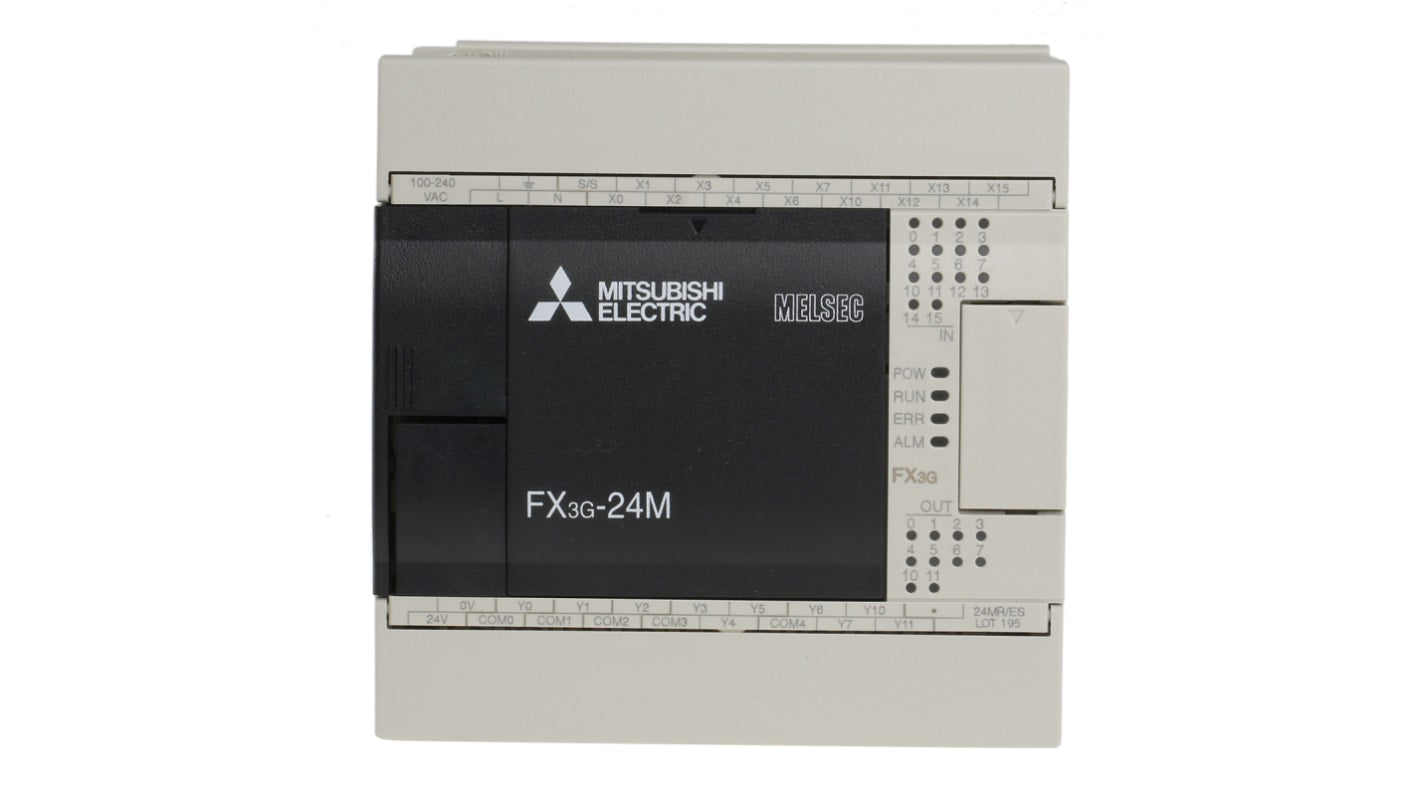 Modulo logico Mitsubishi Electric FX3G-24MR/ES per guida DIN, 14 ingressi, 10 uscite relè, dimensioni 90 x 90 x 86 mm.