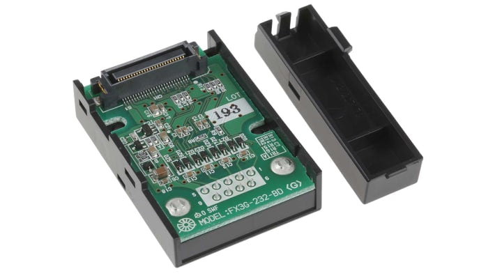 Modulo di espansione Mitsubishi Electric FX3G-232-BD per PLC Serie FX3G, interfaccia RS422/RS232C, dimensioni 51,2 x 35 x 17,2 mm.