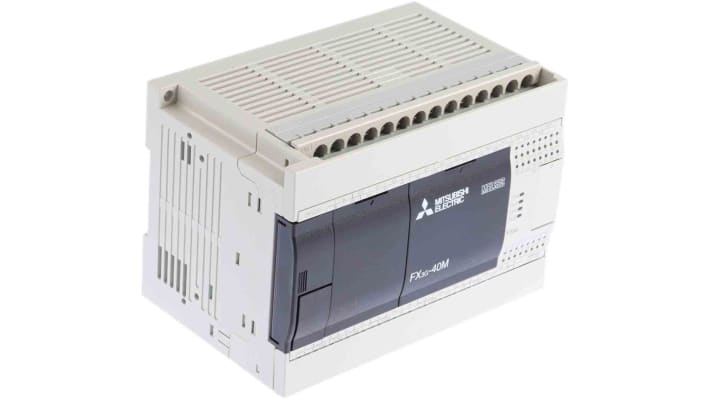 Modulo logico Mitsubishi Electric FX3G-40MR/DS per guida DIN, 24 ingressi, 16 uscite relè, dimensioni 130 x 90 x 86 mm.