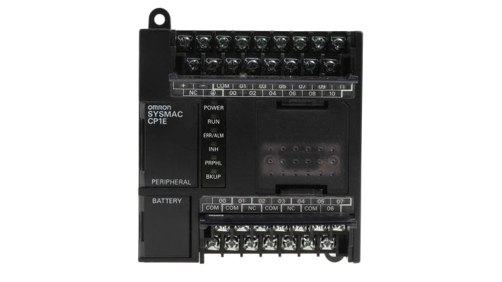 Omron CP1E-N20DR-D, CPU PLC con 12 ingressi digitali, 8 uscite relè, montaggio su guida DIN, dimensioni 86 x 110 x 85 mm.