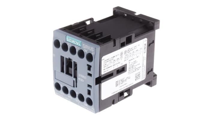 Contattore Siemens 3RT2015-1AF02, 3 poli, 7 A, 110 V c.a., dimensioni 45x57.5x73 mm, montaggio a vite.
