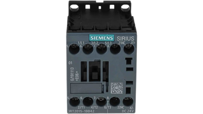 Contattore Siemens 3RT2015-1BB42, 3 poli, 7A, 3kW, 24V c.c. per motori e illuminazione industriale.