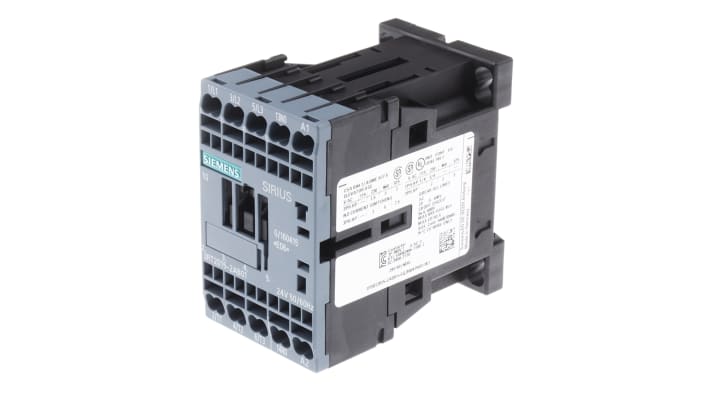 Contattore Siemens 3RT2015-2AB01, 3 poli, 7 A, 24 V c.a., dimensioni 45x70x73 mm, montaggio a morsetto a gabbia.