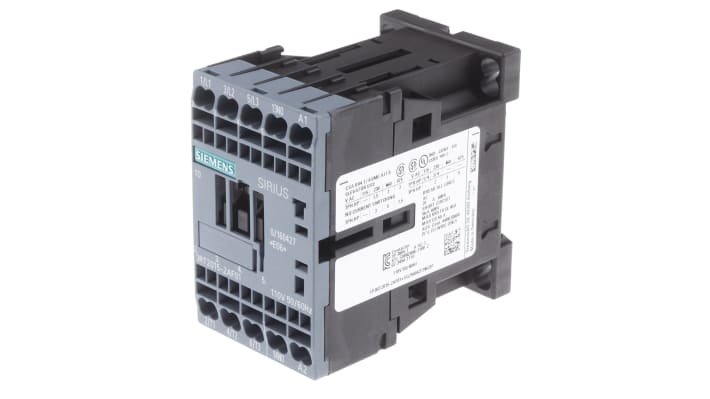 Contattore Siemens 3RT2015-2AF01, 3 poli, 7 A, bobina 110 V c.a., dimensioni 70x45x73 mm, temperatura operativa -25°C/+60°C.