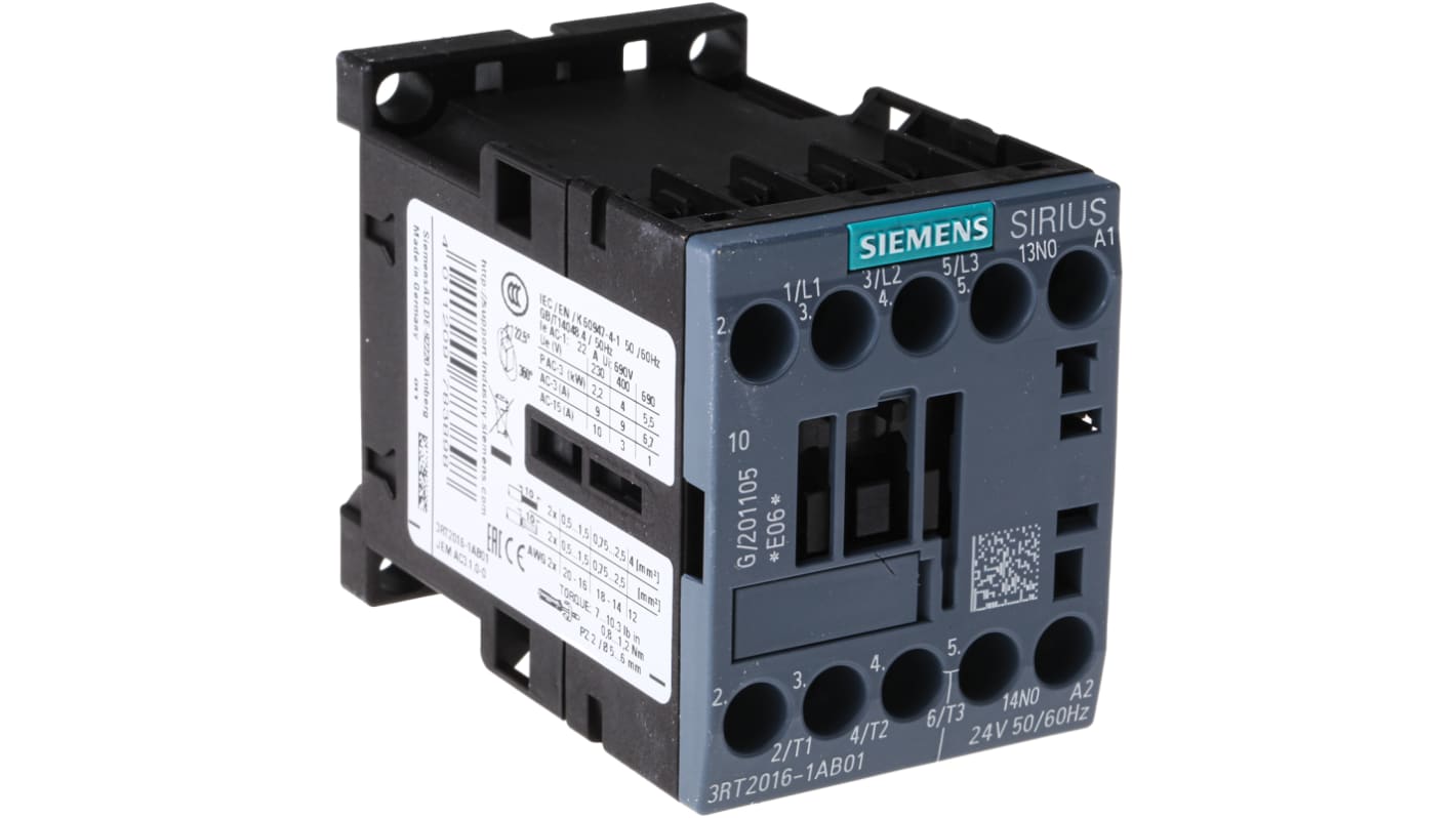 Contattore Siemens 3RT2016-1AB01, 3 poli, 9A, 4kW, 24V CA - Bobina 24V, AC-1, AC-2, AC-3 - Morsetti a vite - Serie SIRIUS