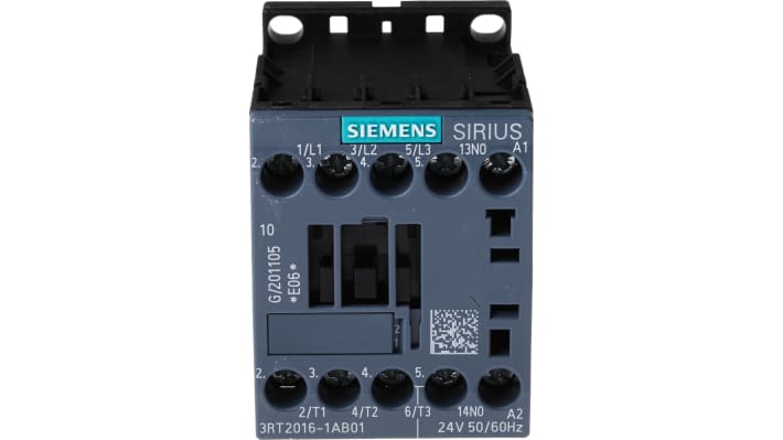 Contattore Siemens 3RT2016-1AB01, 3 poli, 9A, 4kW, 24V CA - Bobina 24V, AC-1, AC-2, AC-3 - Morsetti a vite - Serie SIRIUS