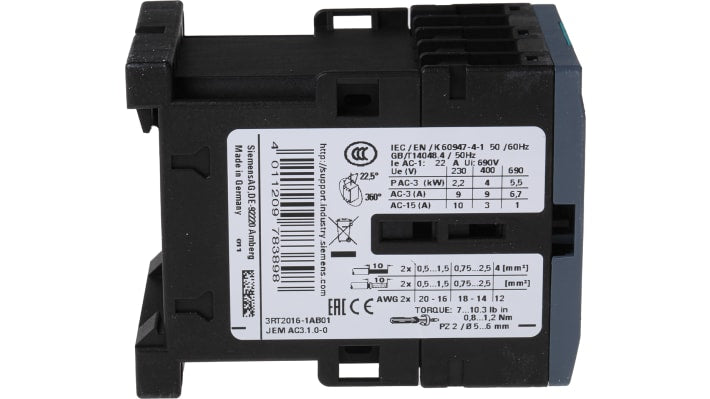 Contattore Siemens 3RT2016-1AB01, 3 poli, 9A, 4kW, 24V CA - Bobina 24V, AC-1, AC-2, AC-3 - Morsetti a vite - Serie SIRIUS