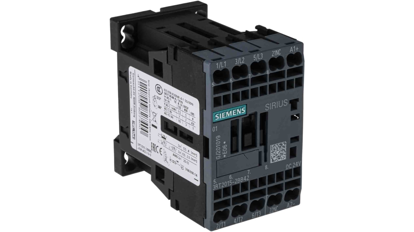 Contattore di potenza Siemens 3RT2015-2BB42, 3 poli 7A 3kW 24V c.c. per automazione industriale. Durata meccanica elevata, IP20, montaggio su guida DIN.