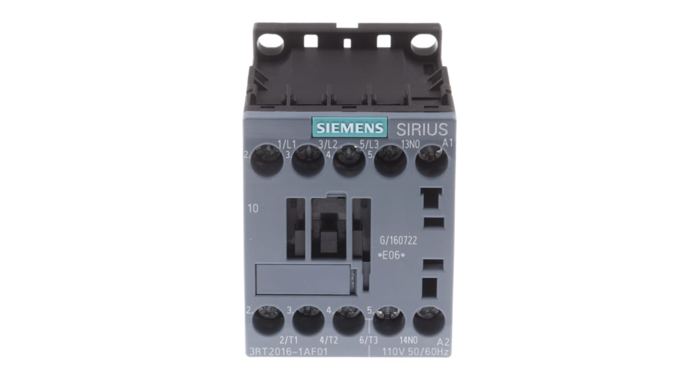 Contattore Siemens 3RT2016-1AF01, 3 poli, 9 A, 4 kW, 110 V c.a. per impieghi pesanti - Serie SIRIUS Innovation. Facile installazione su guida DIN, protezione IP20.