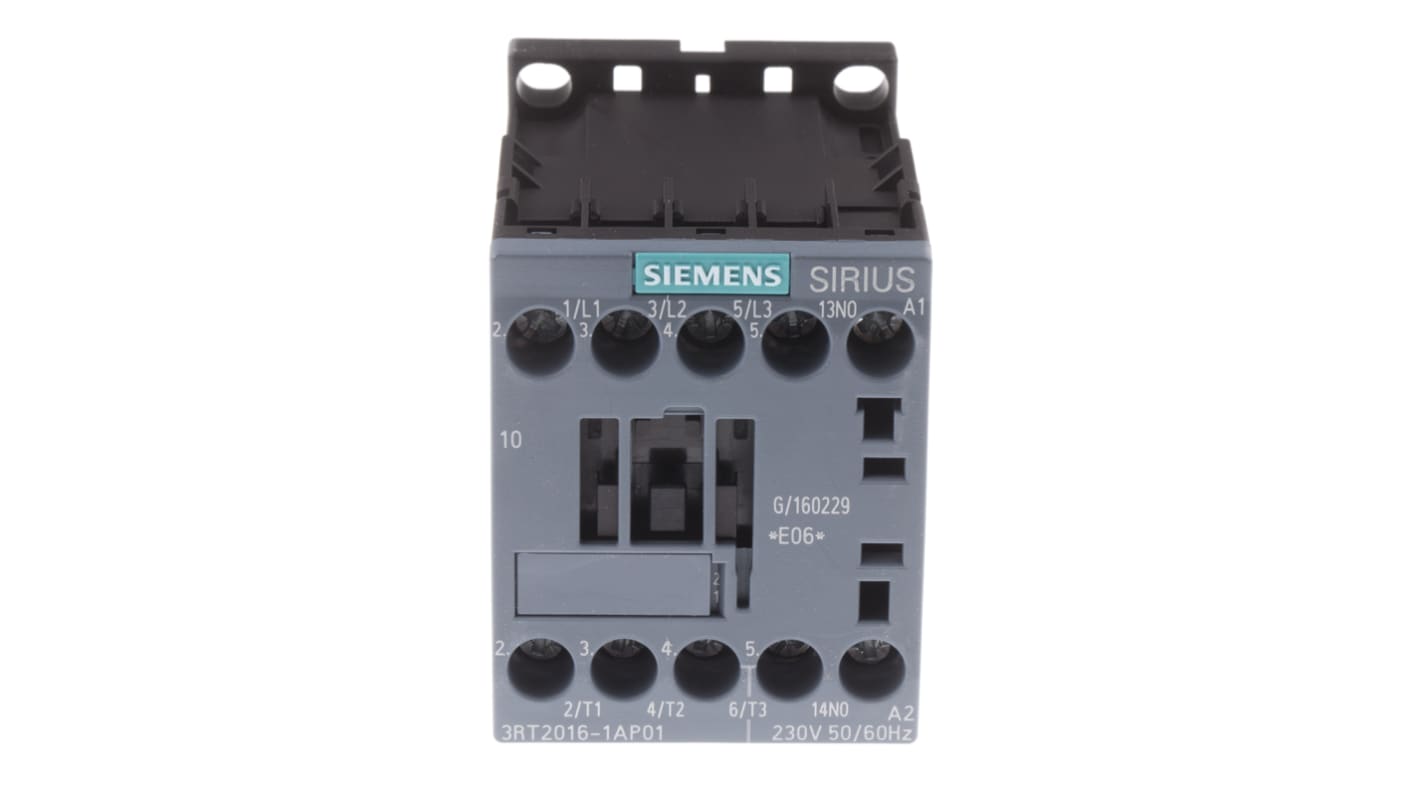 Contattore tripolare Siemens 3RT2016-1AP01, 4 kW, 9 A, bobina 230 V c.a. per applicazioni industriali. Montaggio rapido su guida DIN.