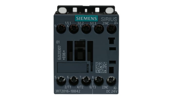 Contattore di potenza Siemens 3RT2016-1BB42 - 4 kW, 24 V CC, Serie SIRIUS 3RT2 per motori industriali - Protezione cortocircuito.