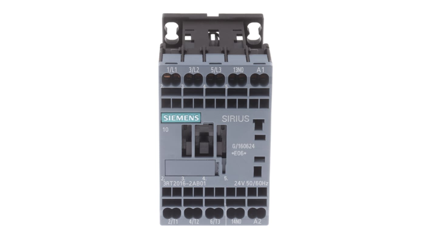 Contattore Siemens 3RT2016-2AB01, 3 poli, 9 A, 24 V c.a., dimensioni 45x70x73 mm, montaggio a morsetto a gabbia.