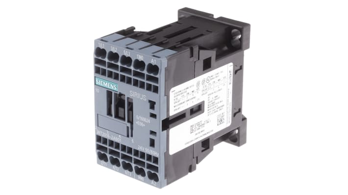 Contattore Siemens 3RT2016-2AB01, 3 poli, 9 A, 24 V c.a., dimensioni 45x70x73 mm, montaggio a morsetto a gabbia.