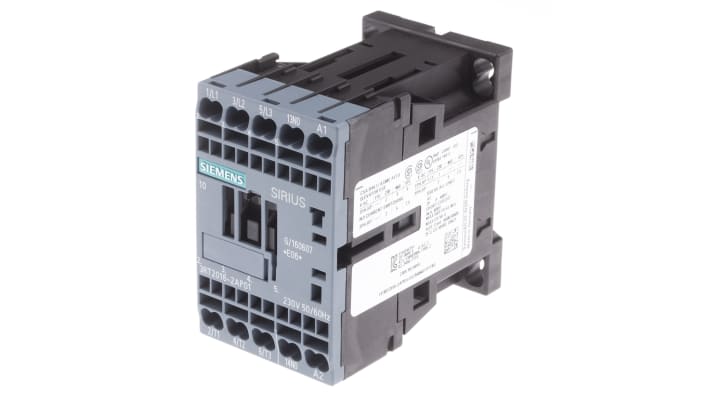 Contattore Siemens 3RT2016-2AP01, 3 poli, 9 A, bobina 230 V c.a., dimensioni 70x45x73 mm, temperatura operativa -25°C/+60°C.