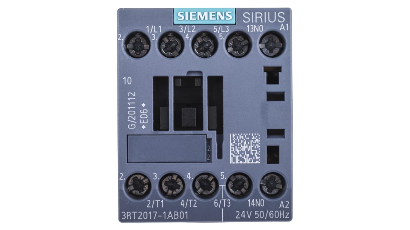 Contattore tripolare Siemens 3RT2017-1AB01, 5,5 kW, 12 A - Serie 3RT2. Ideale per motori industriali, resistente e sicuro.
