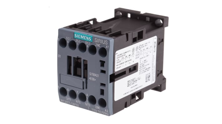 Contattore Siemens 3RT2017-1AF02, 3 poli, 12 A, bobina 110 V c.a., dimensioni 57,5 x 45 x 73 mm, montaggio a vite.