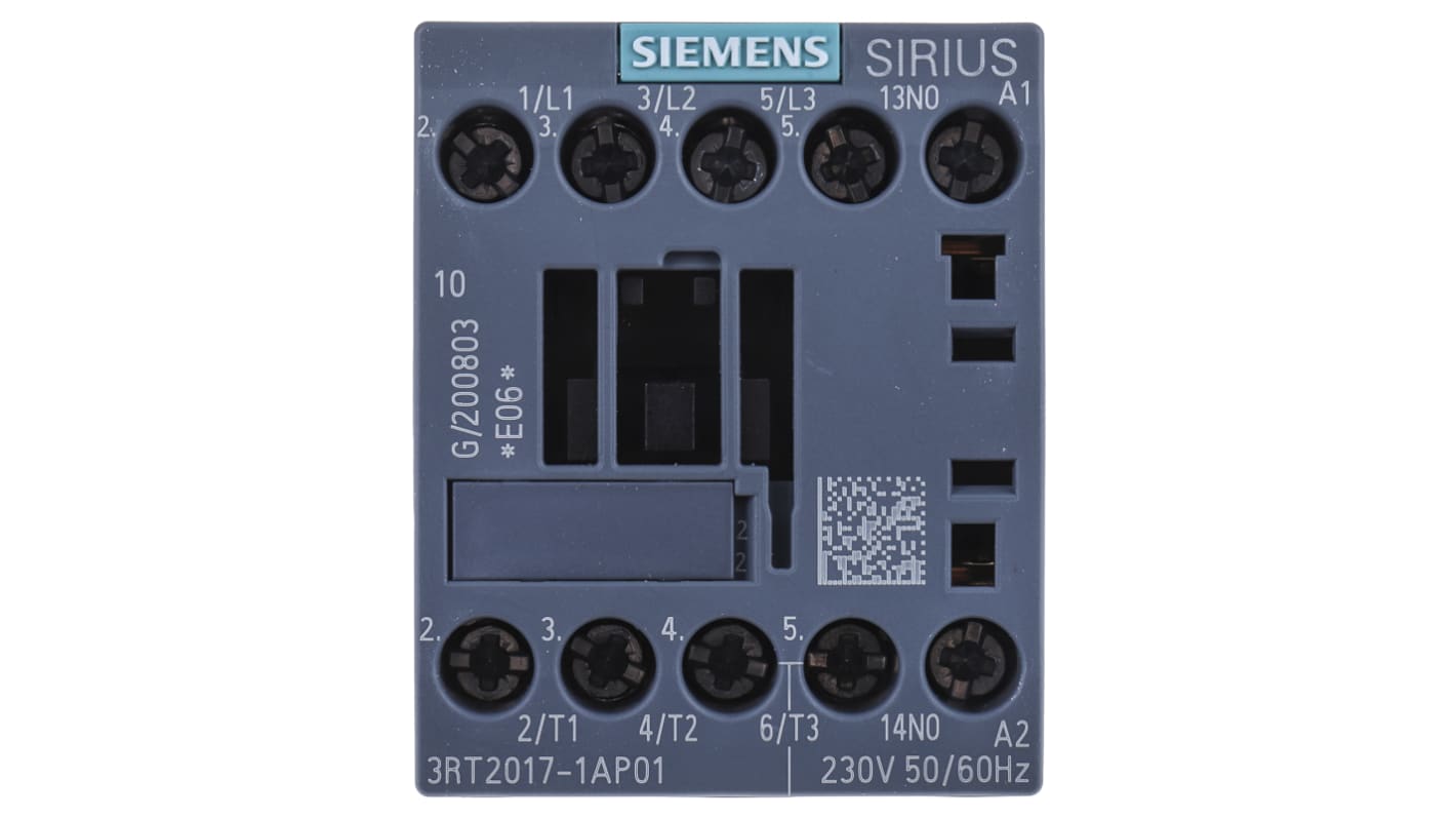 Contattore Siemens 3RT2017-1AP01, 12A, 5,5 kW, 230V c.a. per circuiti elettrici industriali. Resistente agli urti, ideale per applicazioni pesanti.