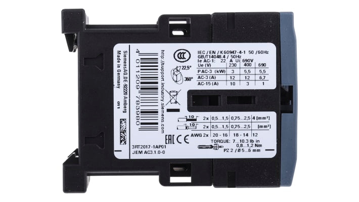 Contattore Siemens 3RT2017-1AP01, 12A, 5,5 kW, 230V c.a. per circuiti elettrici industriali. Resistente agli urti, ideale per applicazioni pesanti.