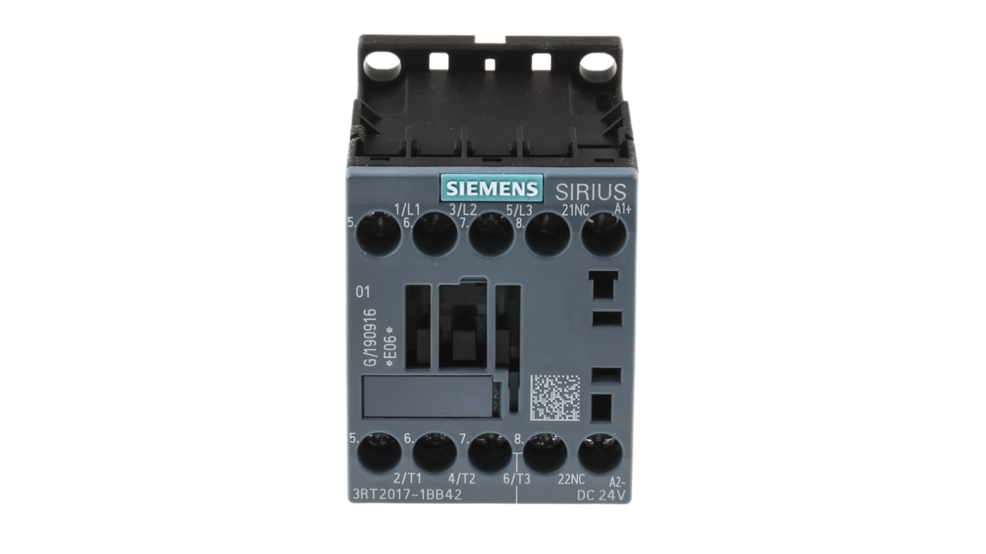 Contattore tripolare Siemens 3RT2017-1BB42, 5,5 kW, 12 A, bobina 24 V dc. Protezione e controllo per motori industriali.