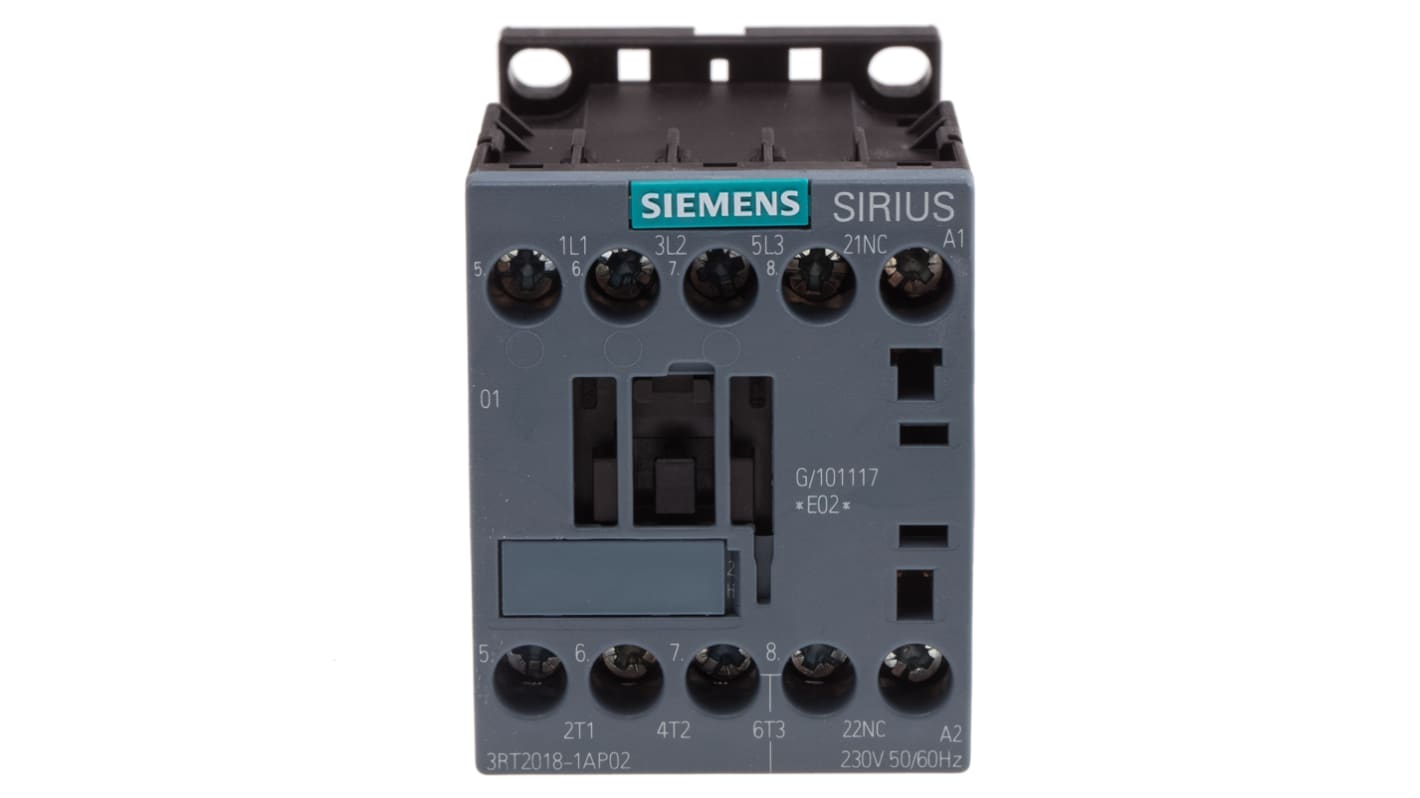 Contattore Siemens 3RT2018-1AP02, 3 poli, 16 A, 7,5 kW, 230 V c.a. Resistente agli agenti atmosferici, certificato per uso globale.