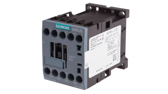Contattore Siemens 3RT2018-1AP02, 3 poli, 16 A, 7,5 kW, 230 V c.a. Resistente agli agenti atmosferici, certificato per uso globale.