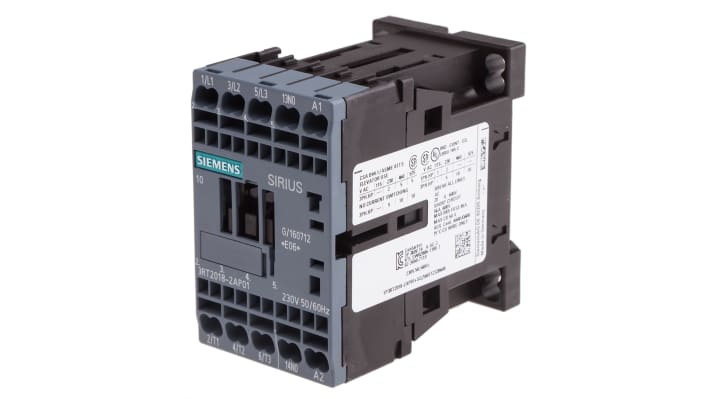 Contattore Siemens 3RT2018-2AP01, 3 poli, 16 A, bobina 230 V c.a., dimensioni 45x70x73 mm, montaggio a morsetto.