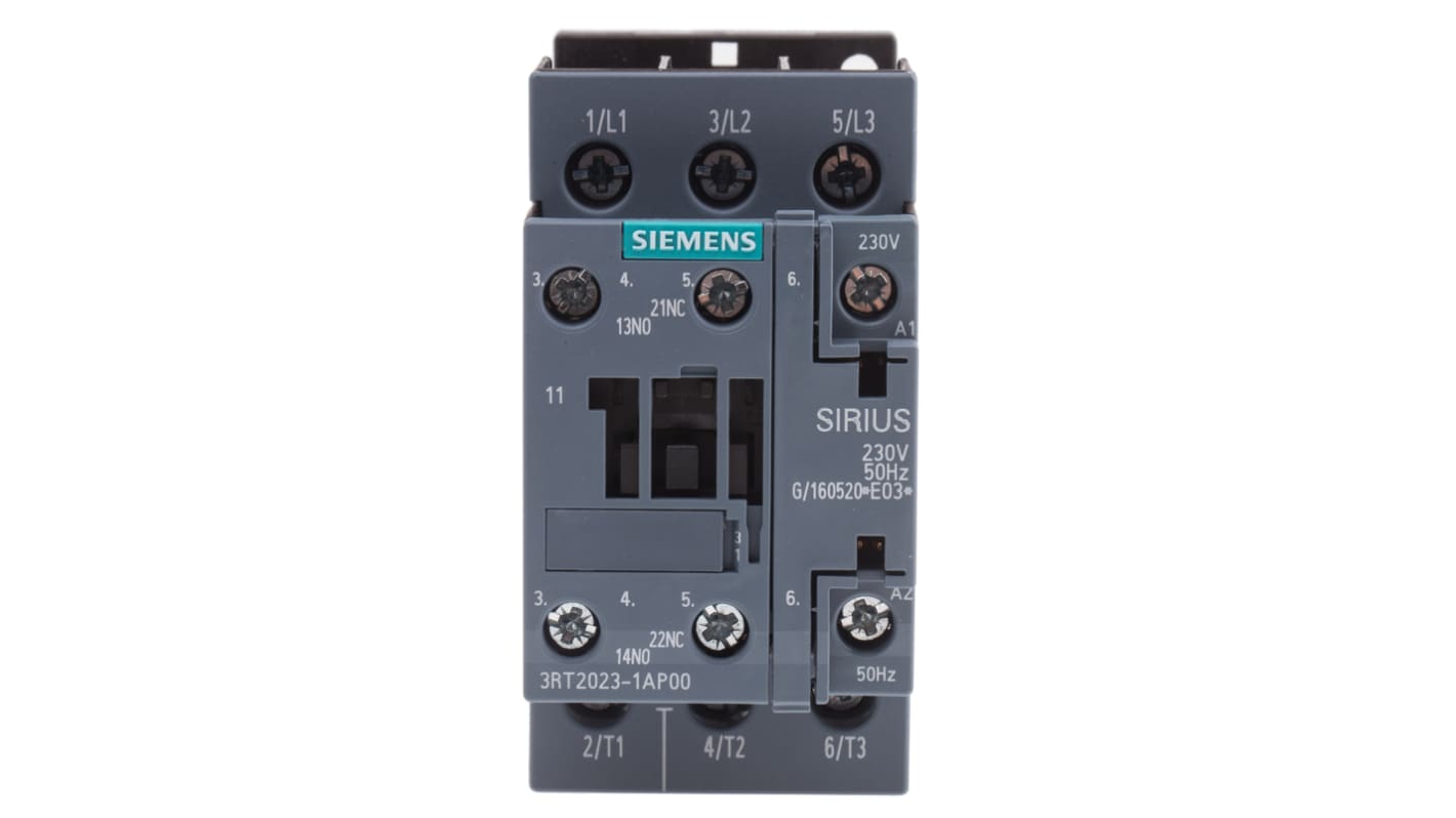 Contattore Siemens 3RT2023-1AP00, 3RT2, 3 poli, 9 A, 4 kW, 230 V c.a. Resistente agli agenti atmosferici, ideale per applicazioni globali.