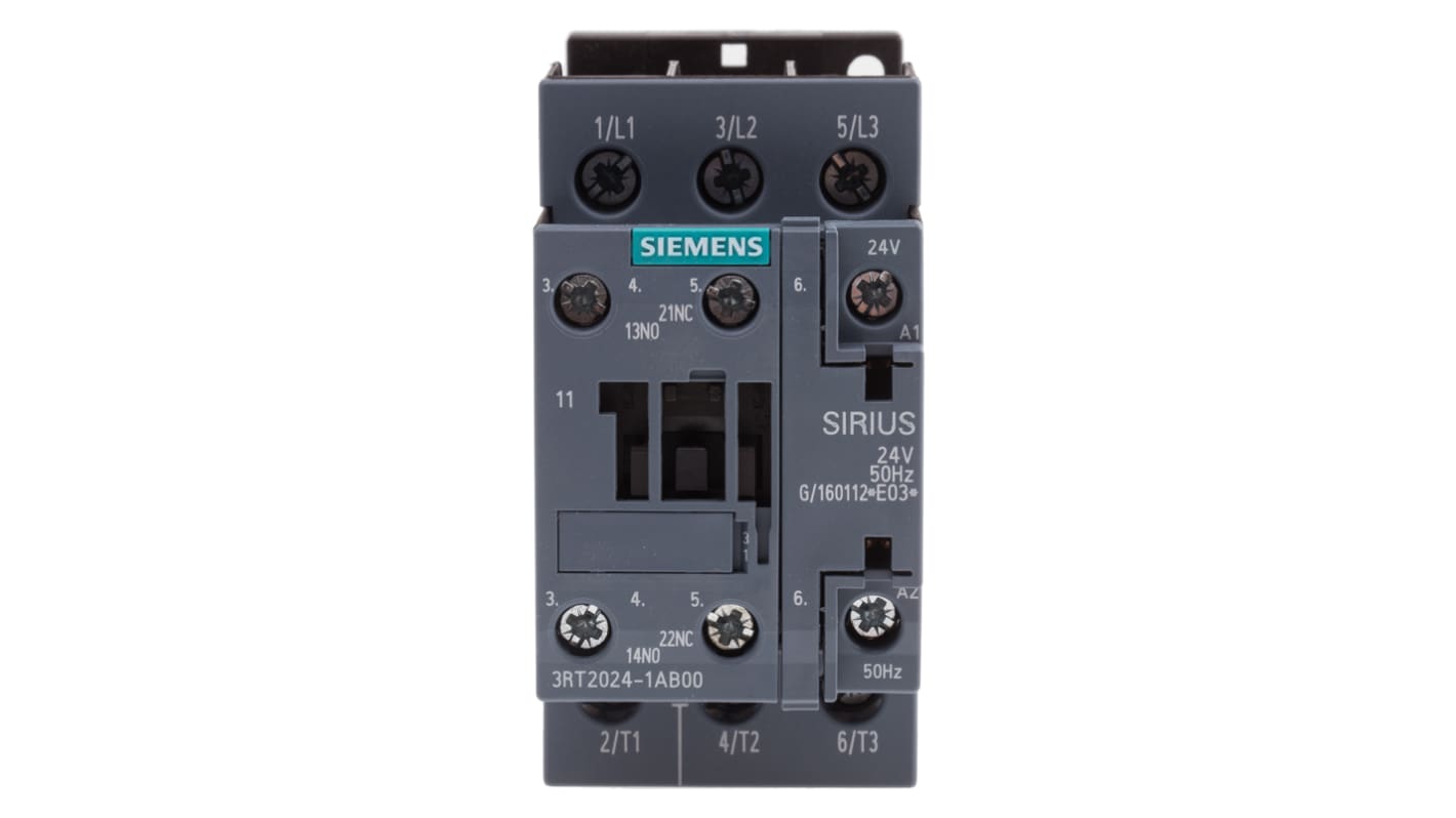 Contattore Siemens 3RT2024-1AB00, 3 poli, 12 A, bobina 24 V c.a., dimensioni 85x45x97 mm, montaggio a vite.