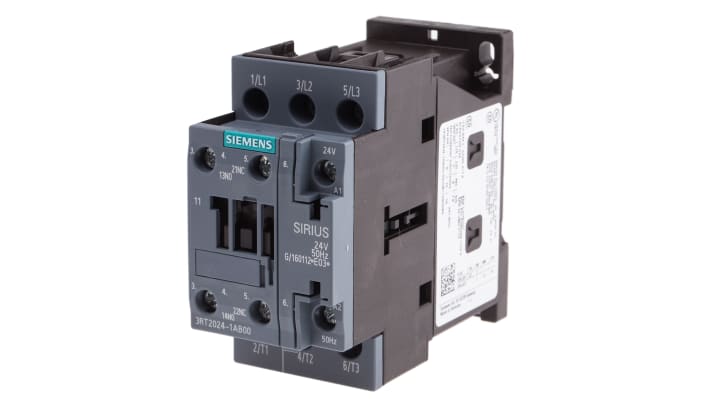 Contattore Siemens 3RT2024-1AB00, 3 poli, 12 A, bobina 24 V c.a., dimensioni 85x45x97 mm, montaggio a vite.
