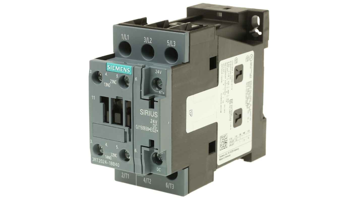 Contattore industriale Siemens 3RT2024-1BB40, 3 poli, 5,5 kW, 12A, 24V DC. Ideale per motori, resistente e compatto.