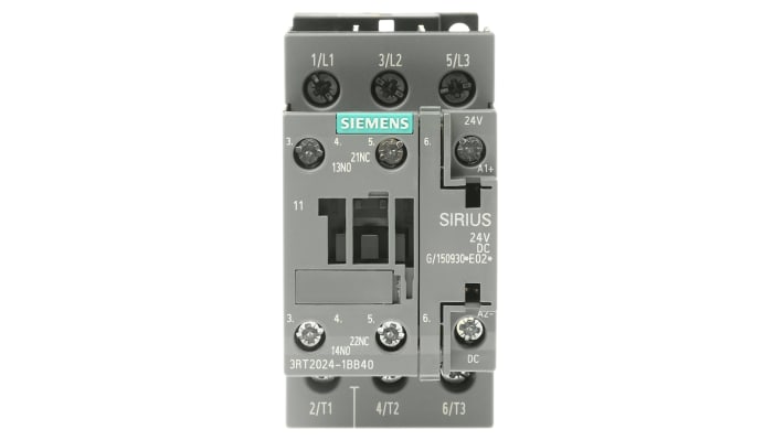 Contattore industriale Siemens 3RT2024-1BB40, 3 poli, 5,5 kW, 12A, 24V DC. Ideale per motori, resistente e compatto.