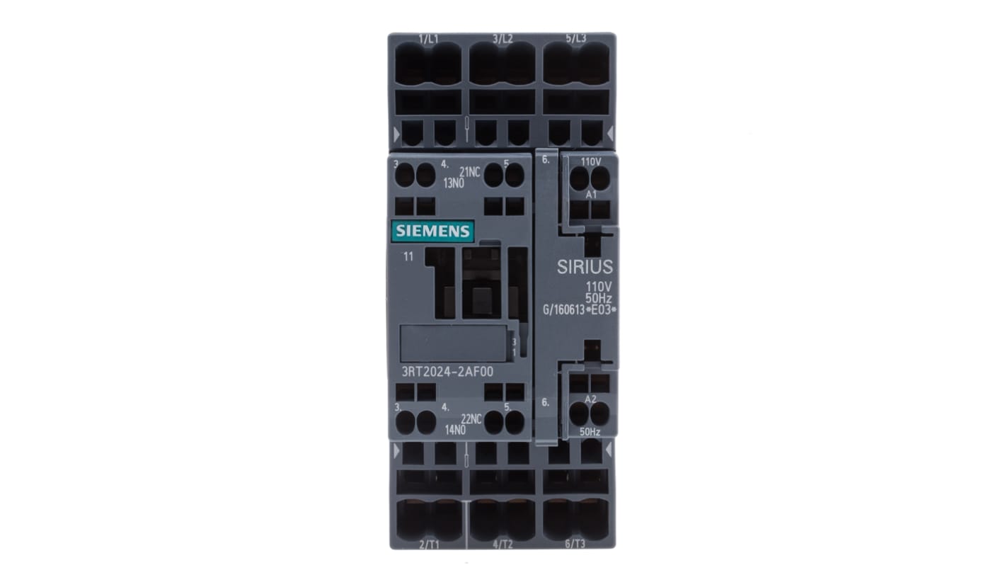Contattore Siemens 3RT2024-2AF00, 3 poli, 12 A, bobina 110 V c.a., dimensioni 45x102x97 mm, temperatura operativa -25°C/+60°C.