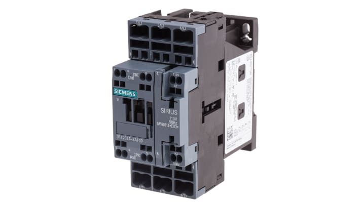 Contattore Siemens 3RT2024-2AF00, 3 poli, 12 A, bobina 110 V c.a., dimensioni 45x102x97 mm, temperatura operativa -25°C/+60°C.