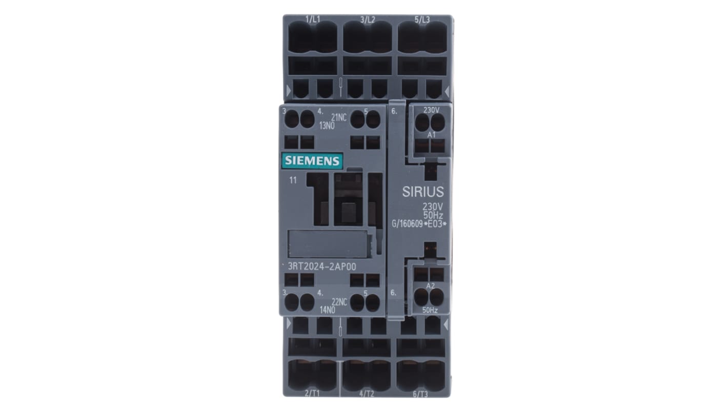 Contattore Siemens 3RT2024-2AP00, 3 poli, 12 A, bobina 230 V, dimensioni 45x102x97 mm, montaggio a morsetto.