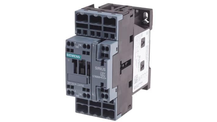 Contattore Siemens 3RT2024-2AP00, 3 poli, 12 A, bobina 230 V, dimensioni 45x102x97 mm, montaggio a morsetto.