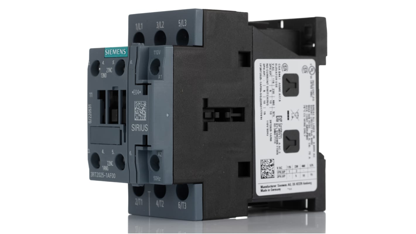 Contattore di potenza Siemens 3RT2025-1AF00, 3 poli, 16 A, montaggio su guida DIN, dimensioni 45 x 97 x 85 mm.