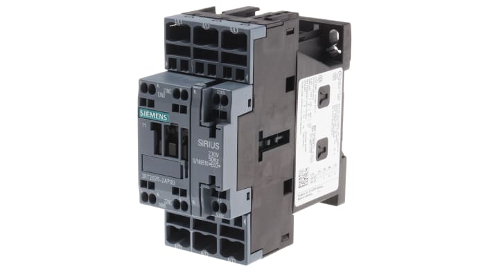 Contattore Siemens 3RT2025-2AP00, 3 poli, 16 A, 7,5 kW, tensione bobina 230 V, dimensioni 45x102x97 mm.