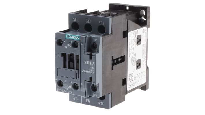 Contattore Siemens 3RT2026-1AF00, 3 poli, 25 A, bobina 110 V c.a., montaggio su guide DIN, dimensioni 45x85x97 mm.